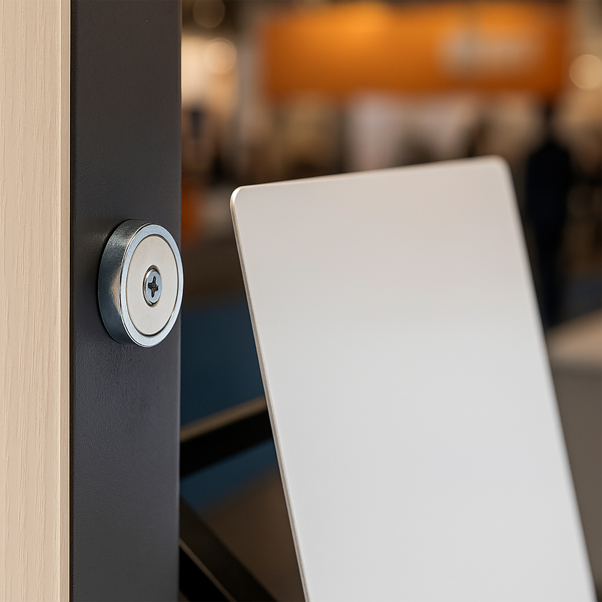 Neodym Flachgreifer mit konischer Senkung an einem Display montiert. Das magnethaftende Display kann nun flexibel befestigt, entfernt und ausgetauscht werden.