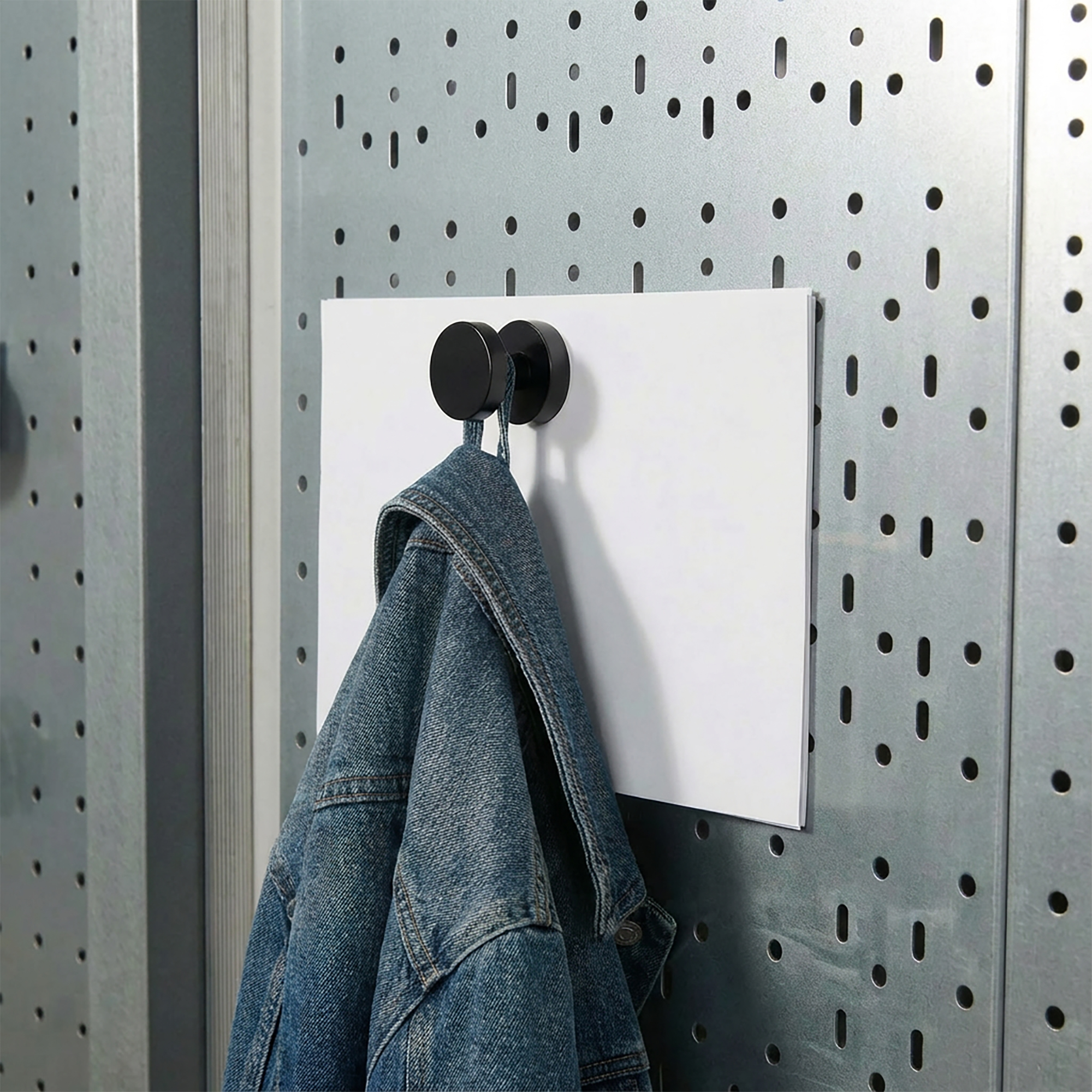 Der magnetische gummierte Wandhaken hält sowohl mehrere Stapel Blätter, als auch eine Jacke gleichzeitig